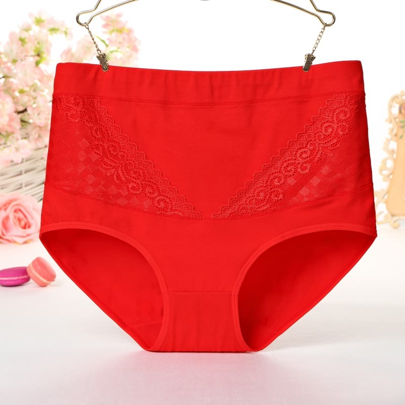Women's Cotton High Waist Plus Size Plump Girls Lace Edge Hip-lifting Briefs - Image 3