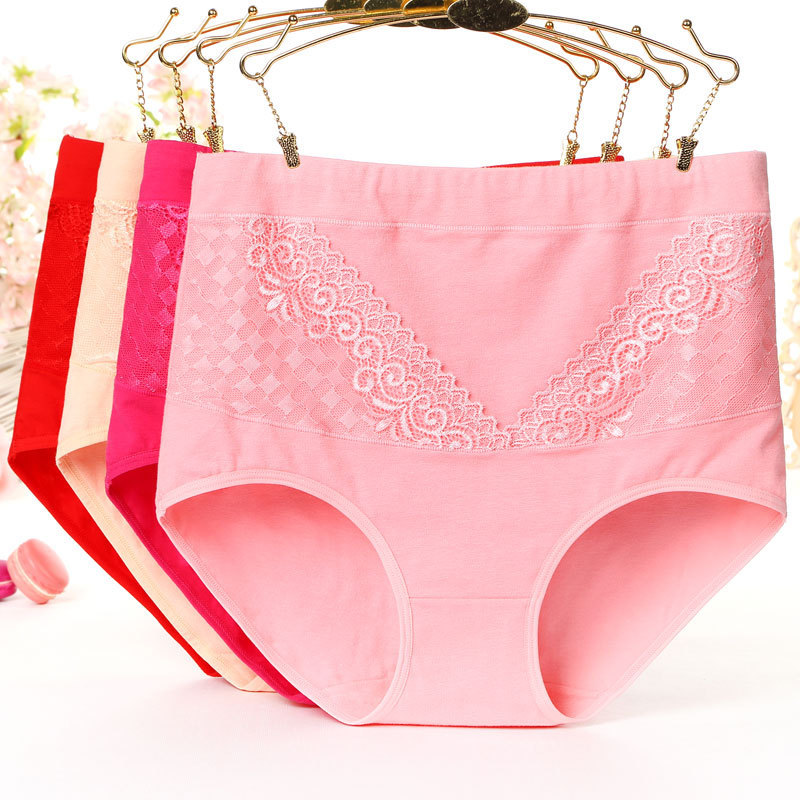 Women's Cotton High Waist Plus Size Plump Girls Lace Edge Hip-lifting Briefs - Image 4